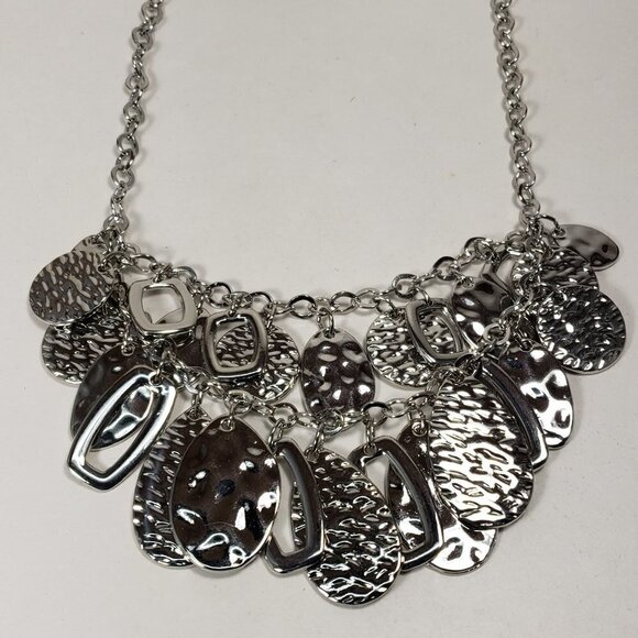 Polished  Silver tone Layered Textured, Hammered Discs Hoops Charms Necklace - Picture 4 of 10